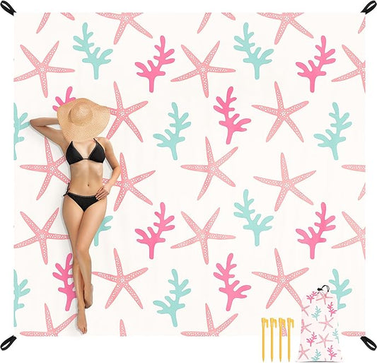 Beach Blanket Waterproof Sandproof Oversized, 9X10 Ft Extra Large Beach Mat Sand Free, Lightweight Compact Foldable Picnic Blankets w/ 4 Stakes & Pockets for Camping, Travel, Beach Vacation Essential