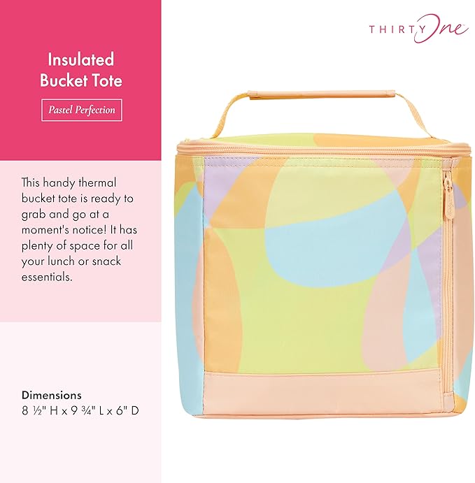 THIRTY-ONE Gifts Insulated Bucket Tote, Reusable Insulated Lunch Bag with Zipper Closure, Pastel Perfection