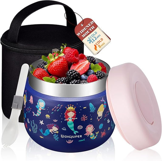 9 OZ Thermo for Hot Food - Cute Mermaid Girls Insulated Food Jar, Wide Mouth Stainless Steel Lunch Storage Food Soup Container w/Insulated Bag & BPA-Free Folding Spoon for Toddler Kids