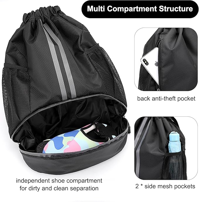 Swim Bag Drawstring Backpack with Wet Pocket Shoe Warehouse String Bag Sackpack for Beach Swimming Pool Gym Sports (Navy)