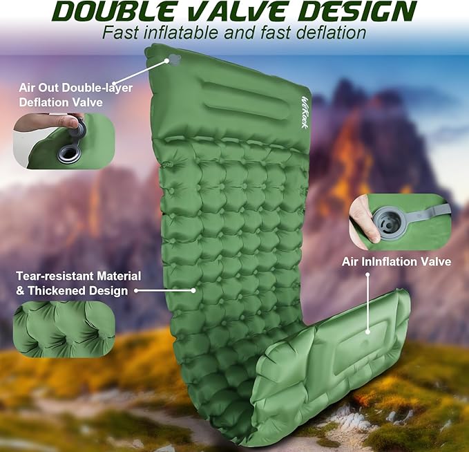 Camping Sleeping Pad, Ultralight Inflatable Camping Mat with Pillow Built-in Foot Pump Inflatable Sleeping Pads for Hiking Backpacking Camping Family Trips Tent(Green)