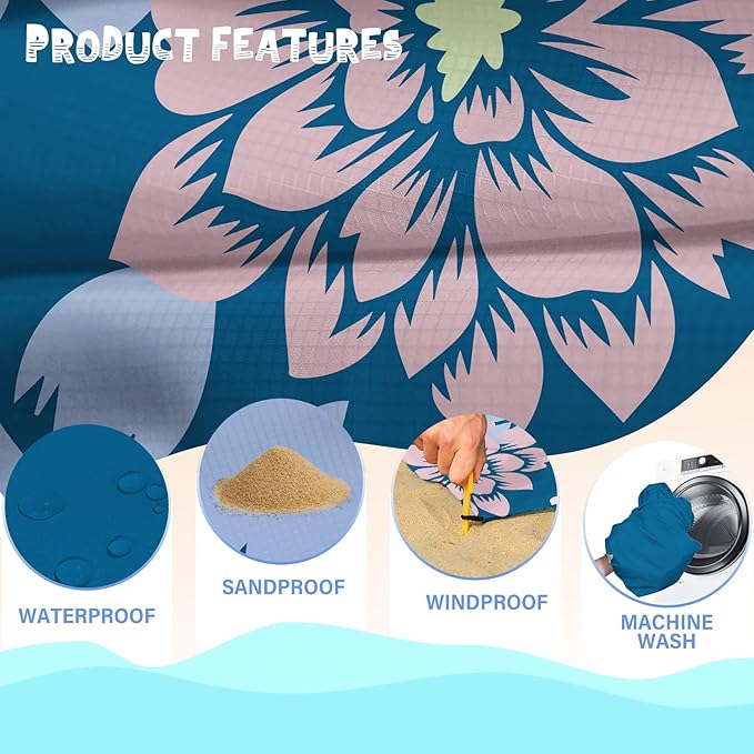 Beach Blanket Waterproof Sandproof 1-7 Adult Oversized 78 '' × 110 '' Lightweight Durable Compact Sand Free Beach Mat for Travel Camping Hiking Picnic Blanket Extra Large