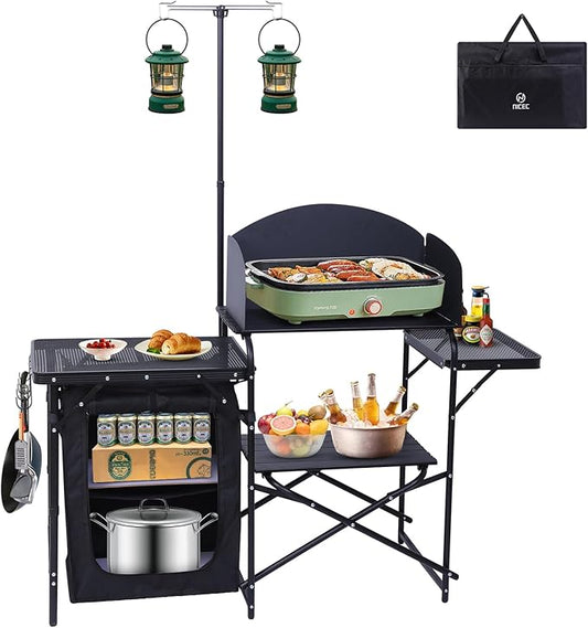 Nice C Camping Kitchen Station, Folding Table & Organizers, Upgrade Light Stand and Windshield Cooking Station, Carry Bag for Beach, Picnic (Black)