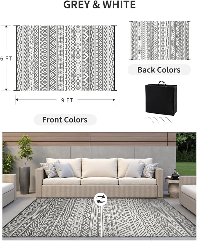 MontVoo-Outdoor Rug Waterproof 6x9 ft Outdoor Carpet Patio Rug Mat Reversible RV Camping Rug-Plastic Straw Rug Outside Outdoor Area Rug for Patio Deck Balcony Backyard Picnic Beach -Boho Grey