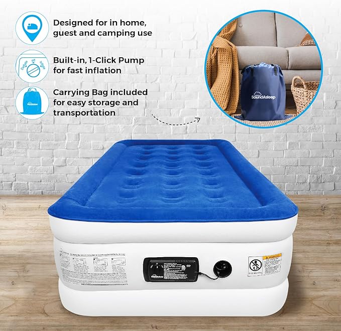 SoundAsleep Dream Series Luxury Air Mattress with ComfortCoil Technology & Built-in High Capacity Pump for Home & Camping- Double Height, Adjustable, Inflatable Blow Up, Portable - Twin Size