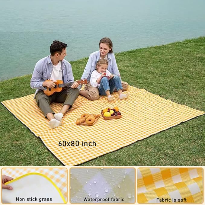 Extra Large Picnic Blanket Beach Blankets, 80''x60'' Picnic Mat Waterproof Sand Proof Foldable Portable for Outdoor Camping Hiking Travel Grass Park Music Festival Lawn Mats (yellow, 80x60 inch)