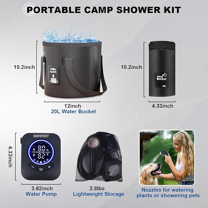 Portable Camping Shower Pump, 5 Speed Mode, 8000mAh Rechargeable Shower Pump, 4 Mode Shower Head and 20 L Foldable Bucket, Camp Shower for Hiking,Travel Beach, Pet Bath, Car Washing