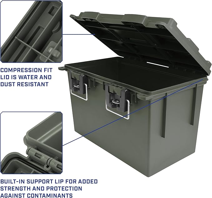 Sheffield 12774 2-Pack XL Ammo Storage Box, Stackable .50 Cal Field Boxes, Water and Dust Resistant, Lockable Storage Box with Handle, Heavy Duty Protection for Hunting Gear, Made in the USA, Green