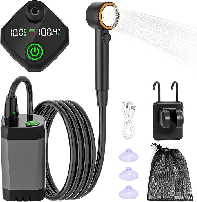 Portable Shower for Camping,6000mAh Rechargeable Camping Shower with Intelligent LED Display,IPX7 Waterproof Outdoor Shower Kit for Hiking, Travel, Car, Pet