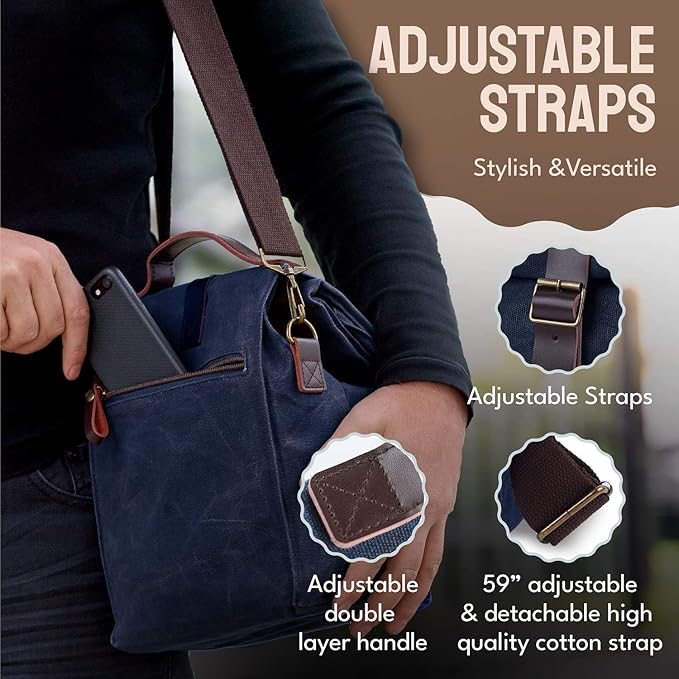 Blue Lunch Bag – Insulated Waterproof Lunch Box for Work, Picnic & Travel – Durable Medium-Size Canvas Lunch Bag for Women & Men – Leakproof & Stylish Dark Blue Lunchbox with Shoulder Strap