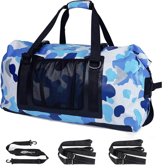 65L Waterproof Duffel Bag for Men and Women - Large Motorcycle Duffle Bag with Straps for Back Seat - Roll Top Dry Bag for Kayaking, Rafting, Boating, Swimming, Beach