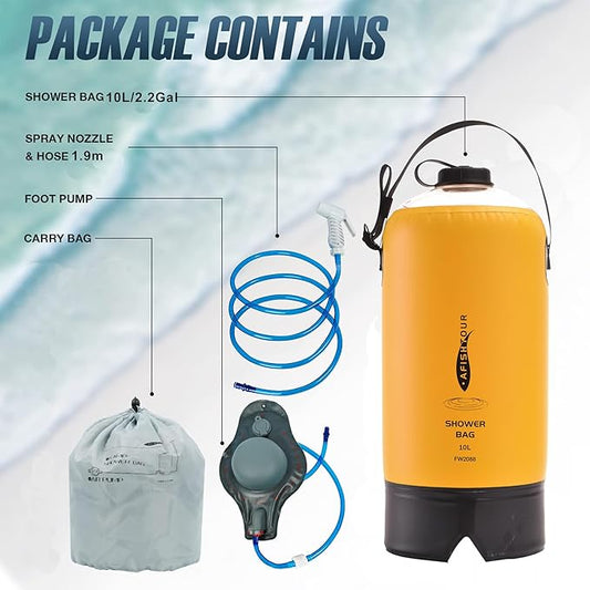 Portable Camping Shower Bag - 10L/2.2 Gallons 20/5 Gallons Solar Shower Water Bag with Foot Pump, Hose and Shower Head - Camp Shower for Camping, Beach, Travel, Outdoor Activities