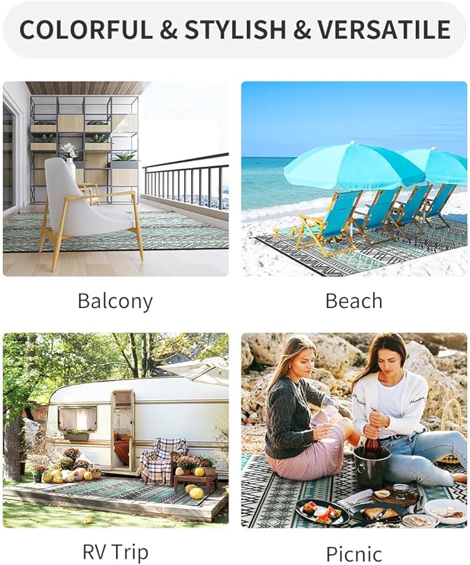 MontVoo Outdoor Rug Carpet 10x14 Waterproof-Patio Rug Mat Reversible RV Camping Rug Picnic Mat Plastic Straw Outside Rug for Balcony Porch Deck Beach-Boho Outdoor Area Rug for Patio Decor Colorful