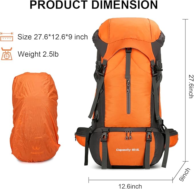 ShowyLive 70L Hiking Backpack - Lightweight Waterproof Travel Backpack for Men & Women, Large Camping Bag with Rain Cover & Adjustable Straps (Orange)