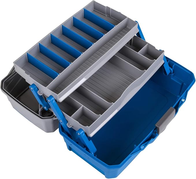 Flambeau Outdoors 6382TB 2-Tray Tackle Box - Classic Fishing Lure Storage Organizer, Medium Portable Tackle Box, 15 Tray Compartments, Blue/Gray