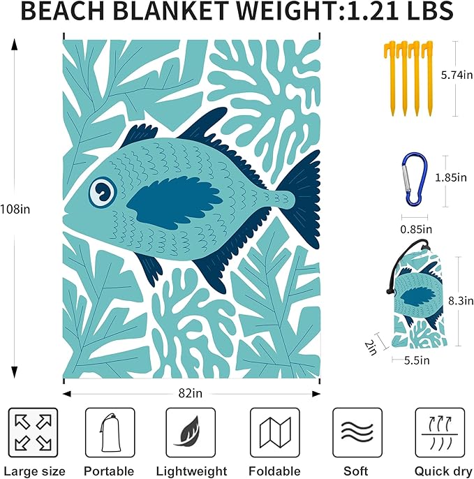 Large Beach Blanket Waterproof Sandproof 108"x 82" for 1-6 Adults,Quick Drying Beach Mat,Lightweight & Durable,Beach Essentials for Family Beach Camping Travel Picnic