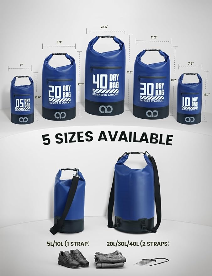 Lamicall Dry Bag Waterproof Backpack - [Zippered Pocket] 10L/20L Roll Top Waterproof Bag with Water proof Phone Case, Floatable Drybag for Swimming, Boating, Kayaking, Camping, Beach