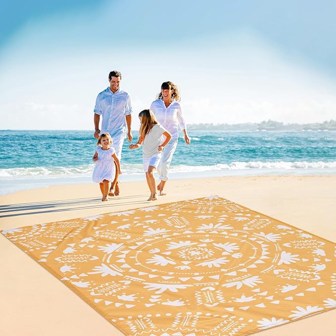 Sandproof Waterproof Beach Blanket, 78''×86'' Large Foldable Picnic Blankets for 1-4 Adults w/ 4 Stakes & 4 Pockets, Polyester Lightweight Sand Free Boho Outdoor Beach Mat for Camping, Hiking, Travel