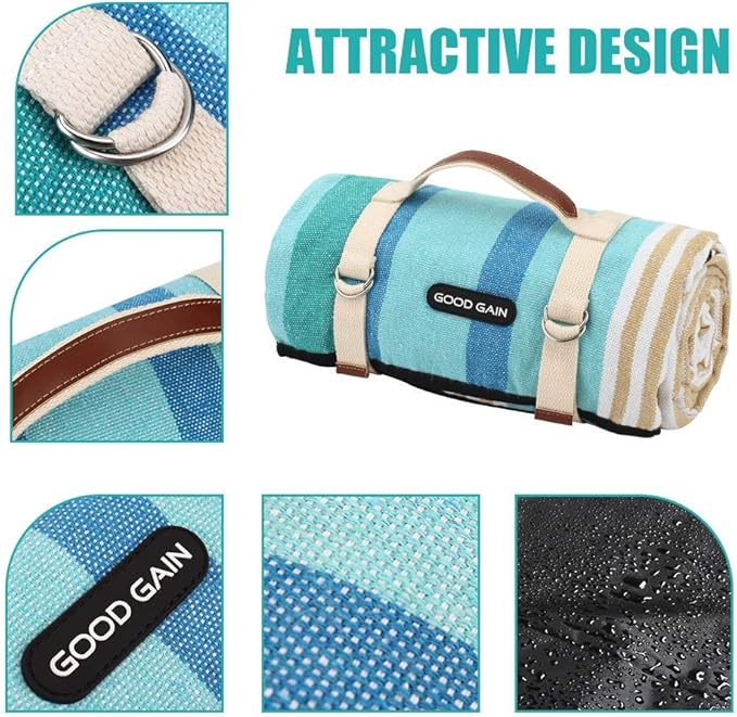 G GOOD GAIN Picnic Blanket Waterproof & Sand Proof,Beach Blanket Portable with Carry Strap, XL Large Foldable Picnic Rug Machine Washable for Outdoor Camping Party,Wet Grass,Hiking,Kids Playground