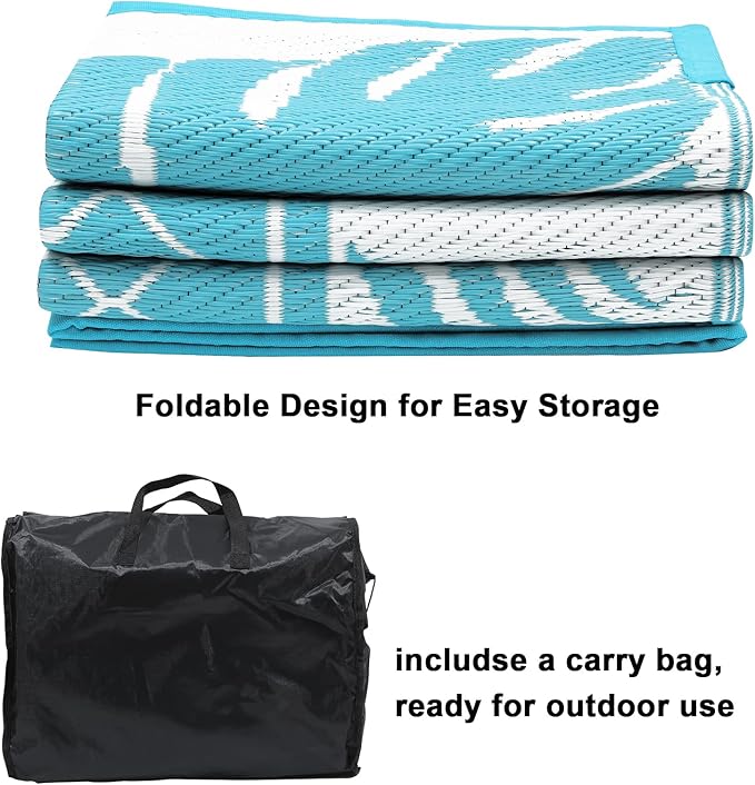 Ileading Outdoor Rug Carpet for Patio 5' x7' Waterproof Reversible Plastic Straw Rug Portable Outside Area Rug Camping Mat for Patio, Clearance, Balcony, Picnic, Pool, Beach, RV, Deck, Leaf Teal