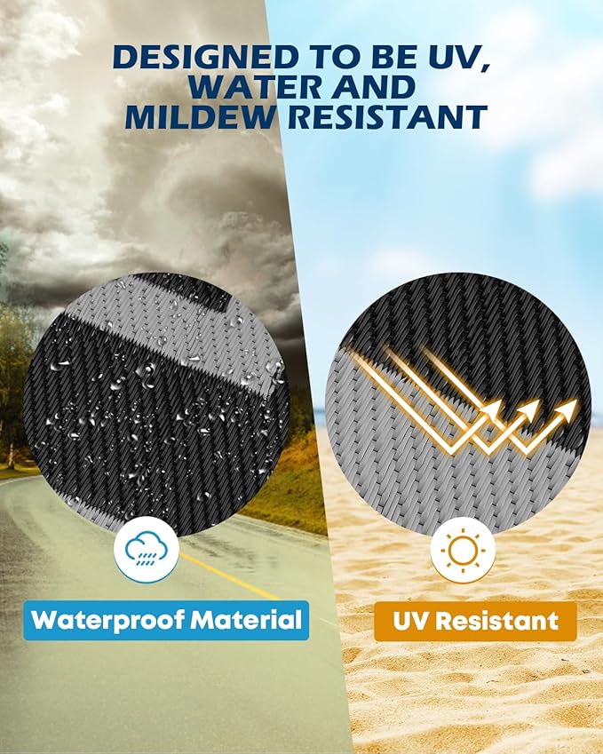Kohree RV Outdoor Rug 9x12 Reversible, Waterproof Patio Mat with 4 Stakes & UV Fade Resistant, Non-Slip Outdoor Camping Mat for Deck, Picnic, Backyard, Includes Carry Bag (Black & Gray)