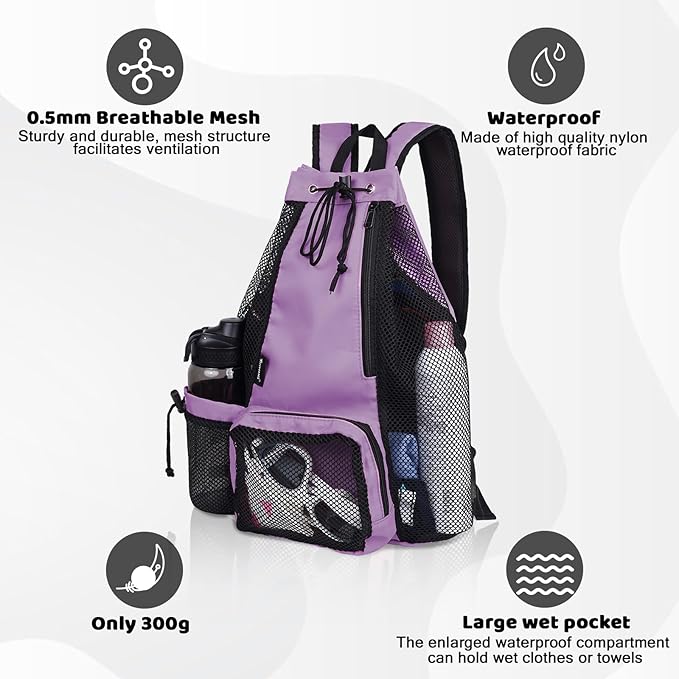 Swim Bag Beach Backpack with Padded Shoulder Strap Mesh Backpack with Wet Pocket for Swimming, Gym