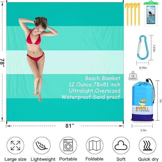 BYDOLL Beach Blanket 78''X81'' 4-7 Adults Oversized Lightweight Waterproof Sandproof Blanket for Beach Large Picnic Mat Travel Camping