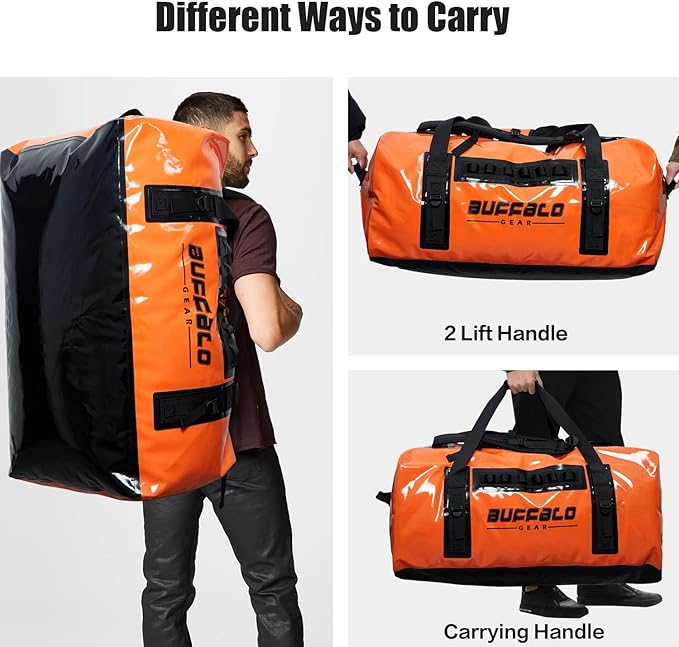 Buffalo Gear Large Waterproof Bag-150L Super Waterproof Duffel Bag Heavy Duty Adventure Bag for Boating Kayaking Motorcycling Hunting Camping Rafting Fishing Jet Ski