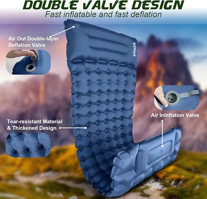 Camping Sleeping Pad, Ultralight Inflatable Camping Mat with Pillow Built-in Foot Pump Inflatable Sleeping Pads for Hiking Backpacking Camping Family Trips Tent(Blue)