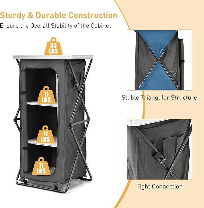 Goplus Folding Camping Storage Cabinet, Pop Up Outdoor Camping Kitchen Station with Large 3-Tier Storage Organizer, Carry Bag, Easy Set Up Portable Compact Camping Table for BBQ Picnic Backyard (47'')
