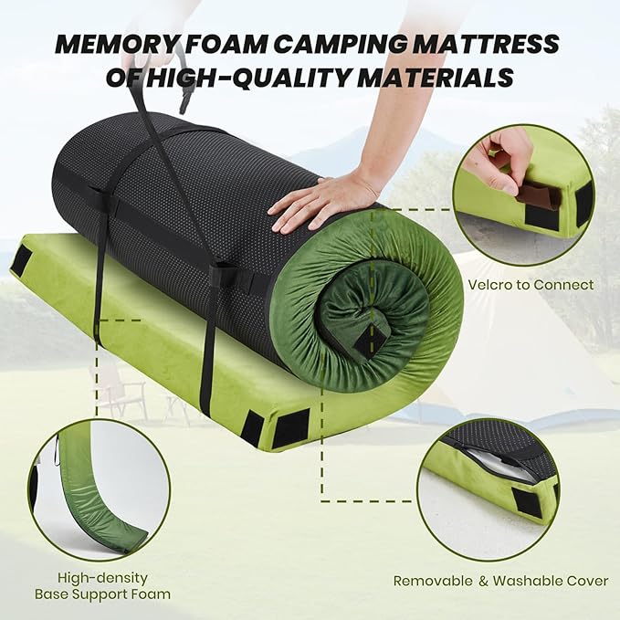 Memory Foam Camping Pad, Camping Sleeping Pad, Camping Mattress Pad with Pillow & Travel Bag, Portable Floor Mat Roll Up for Guest Adults Side Sleepers Indoor Outdoor Travel