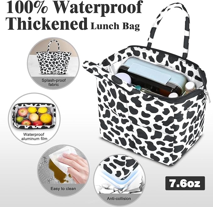 Coobiiya Stylish Quilted Puffer Lunch Box Lunch Bag for Women Men, Ultralight Thickened Leakproof Lunch Cooler Tote, Adult Small Cute Reusable Insulated Lunch Box for Work, Office, Travel (Cow)