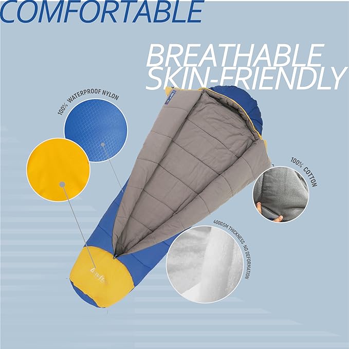 Nylon Sleeping Bag,Blue & Yellow,Flannel Cotton,Portable Tightening Bag Lightweight,Cold Weather Sleeping Bag Waterproof-Warm Camping Hiking Outdoor Travel Hunting