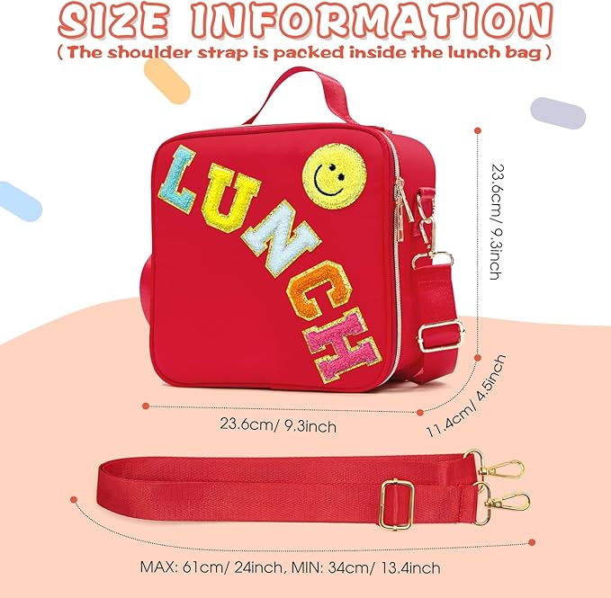 Insulated Lunch Bag Women Lunch Box Kids for Teen Girls Boys, Cute Preppy Lunch Boxes With Adjustable Shoulder Strap, Waterproof Nylon Lunchbox Lunch Bags for School Work Picnic (Red)