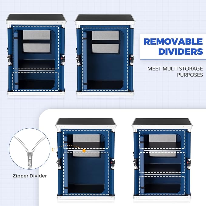 EAGLE PEAK Outdoor Folding Camping Table with Large 3-Tier Storage Organizer and Side Pockets, Easy Set Up Portable Aluminum Camping Kitchen, Blue