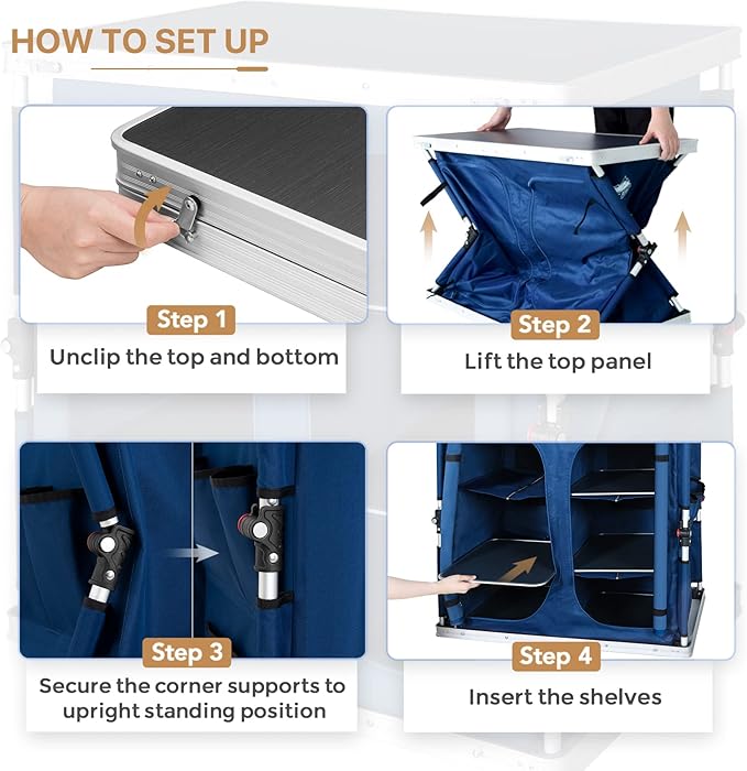 EAGLE PEAK Double Outdoor Folding Camping Table with Large 3-Tier Storage Organizer and Side Pockets, Easy Set Up Portable Aluminum Camping Kitchen, Blue