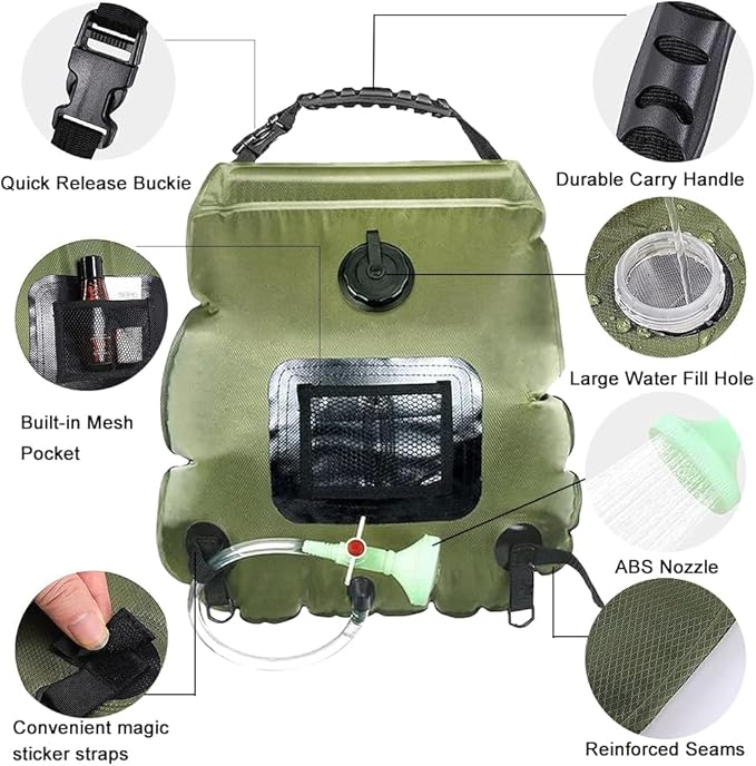 Solar Portable Shower for Camping 5 Gallon/20L - Solar Powered Camp Shower Bag with Switchable Shower Head and Detachable Hose for Camping, Backpacking, RV Travel