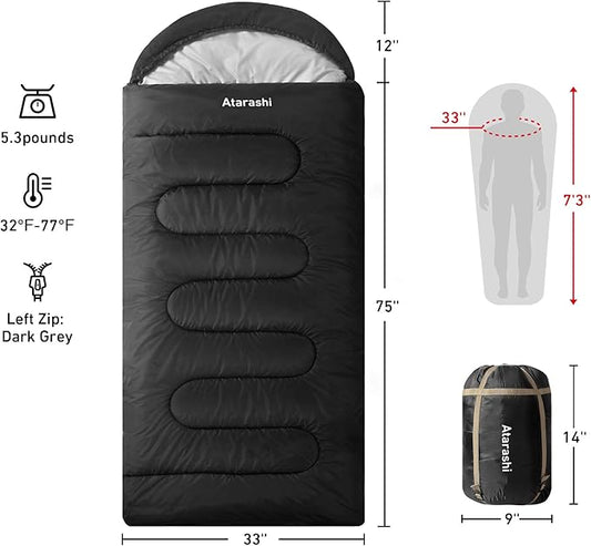 Atarashi Camping Sleeping Bag- 4 Seasons for Adults, Light, Warm, Extra-Large with Compression Sack- Great for Hiking, Backpacking & Outdoor Adventures