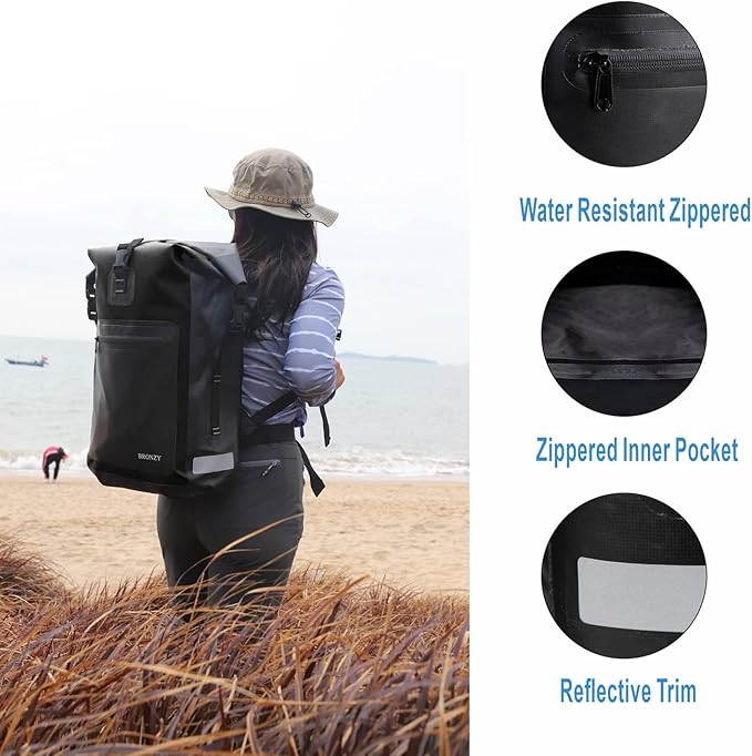 BRONZY Waterproof Backpack Dry Bag 30L Roll Top Closure with Front Zippered Pocket Heavy Duty Breathable Foam Padded Backing For Kayaking Camping Boating Hiking Beach (Black)