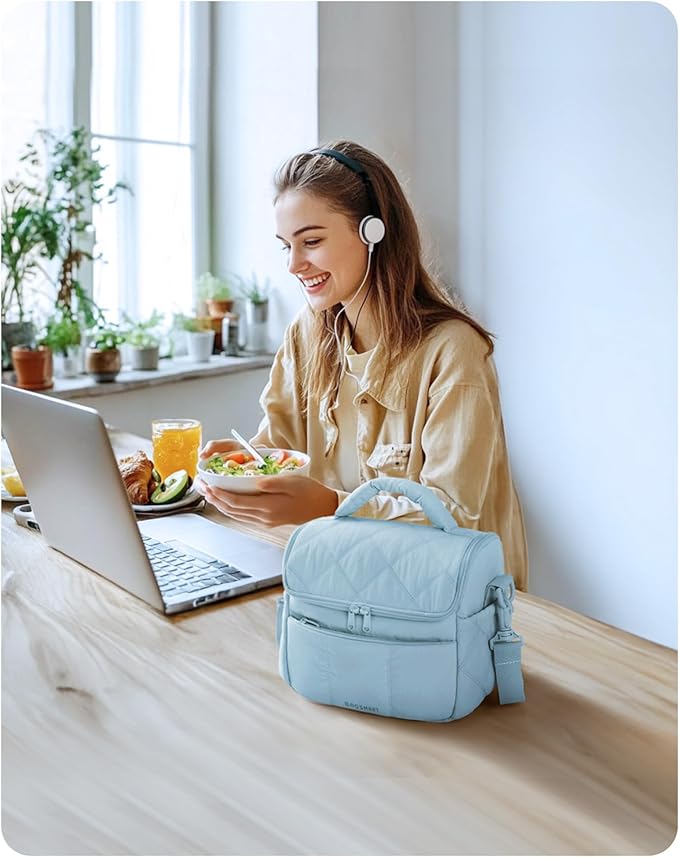 BAGSMART Insulated Lunch Bags for Women, Cute Quilted Lunch Box, Lightweight Puffy Padded Waterproof Lunch Tote, Reusable Lunch Cooler for Work Picnic Travel, Light Blue