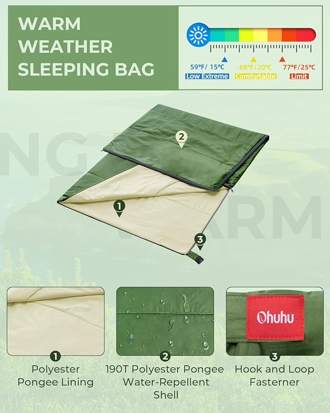 Sleeping Bag, Ohuhu Lightweight Sleeping Bag 3 Season Warm Weather Portable Compact Sleeping Bags for Adult Kids with Carry Bag for Camping Hiking Backpacking and Outdoors 59℉-77℉