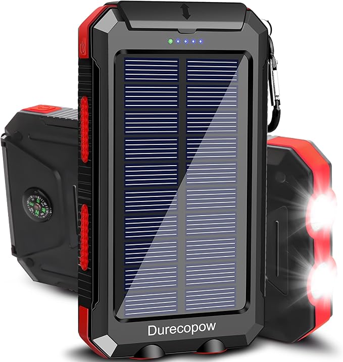 Solar Charger Power Bank, 20000mAh Portable Outdoor Waterproof Solar Battery Charger, Camping External Backup Battery Pack USB C Ports Input/Output, 2 Led Light Flashlight with Compass (Red)