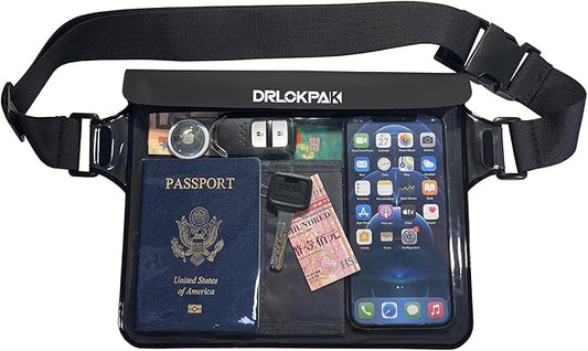 DRLOKPAK Waterproof Waist Pouch Fanny Pack Bum Bag Hip Pouch for Swim Surf Sail Snorkel Kayak Beach Pool to protect Wallet Passport Phone watch eReader mini tablet Dry (Black)