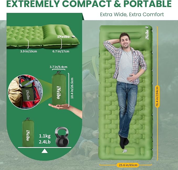 iNeibo Camping Sleeping Pad, Ultralight Inflating Mattress With Pillow & Foot Pump, Ultra-Thick Enhanced Support for Hiking, Backpacking, Tent, Car Traveling