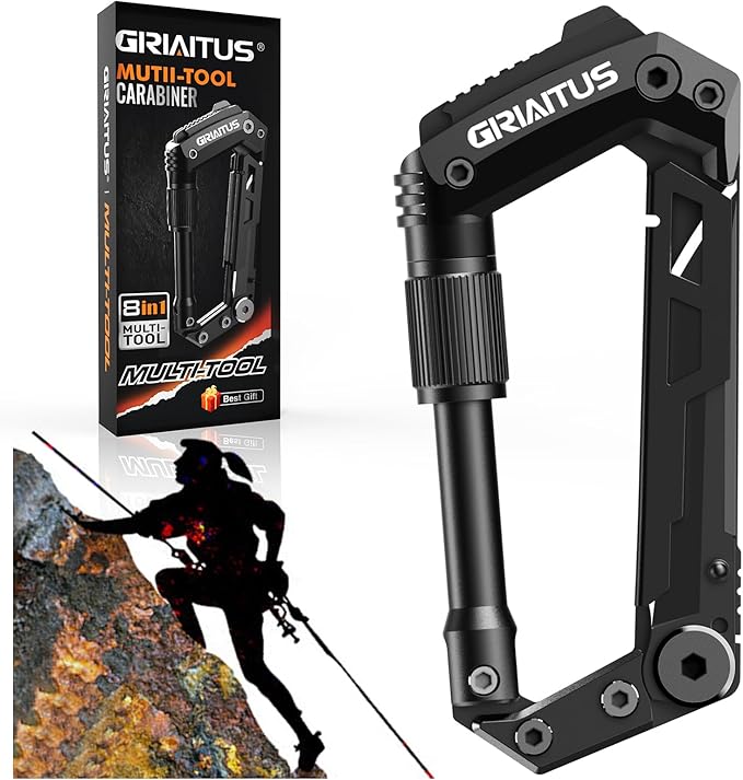Carabiner Multitool 8-in-1 EDC Carabiners Pocket Knife, Serrated Knife, Rope Cutter, Screwdriver, Can Bottle Opener, Ruler, Survival Gear for Camping Climbing, Christmas Gifts for Men Women (Black)
