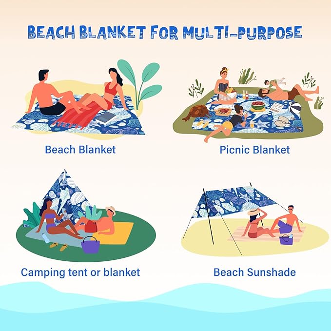 Beach Blanket Waterproof Sandproof 1-7 Adult Oversized 78 '' × 81 '' Lightweight Durable Compact Sand Free Beach Mat for Travel Camping Hiking Picnic Blanket Extra Large
