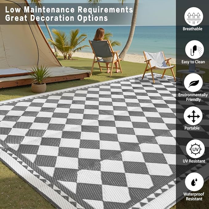 Outdoor Waterproof Rug 8'x10' Plastic Straw Rugs Washable Reversible Floor Mat Grey Plaid Carpet for Camping RV Deck Entryance Porch Picnic Balcony Beach Backyard