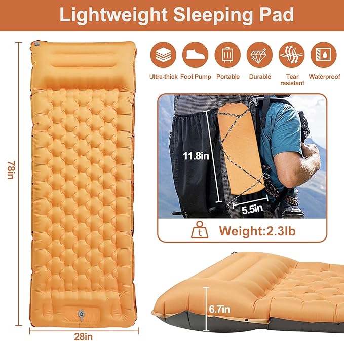 Camping Sleeping Pad, 50D Extra Thickness 4.7 Inch Inflatable Sleeping Mat Lightweight Waterproof Camping with Built-in Pump Air Mattress for Backpacking, Hiking, Tent, Traveling,(Orange+Grey)