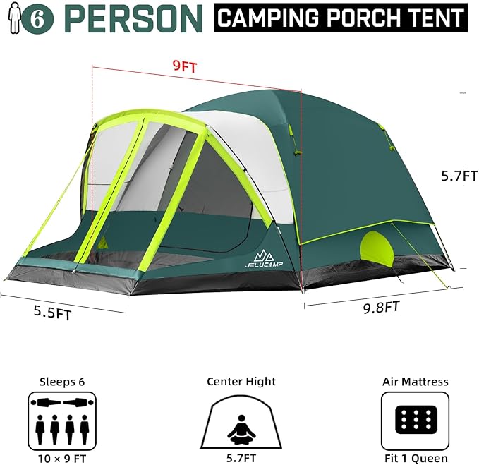 6/8 Person Large Waterproof Family Tents for Camping, Screened Camping Tent with Screen Porch, Bug-Free Relaxation & Easy Setup, Includes Rainfly & Carry Bag