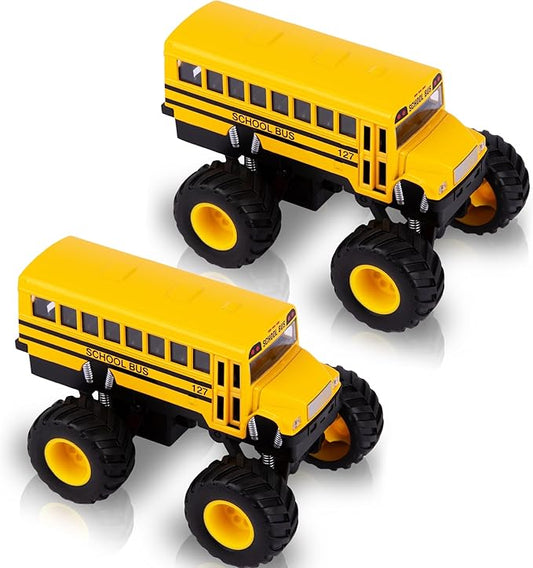 ArtCreativity 5 Inch Pull Back School Bus Toy Set - Set of 2 - Includes 5 Inch Monster-Wheel Bus, Diecast Bus Playset with Pull Back Mechanism, Great Gift Idea for Kids